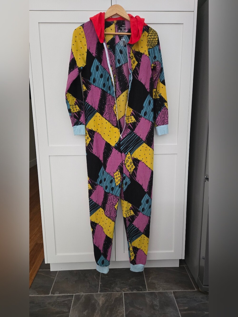 Disney Nightmare Before Christmas Patchwork Hooded One-Piece Pajamas Cozy Small